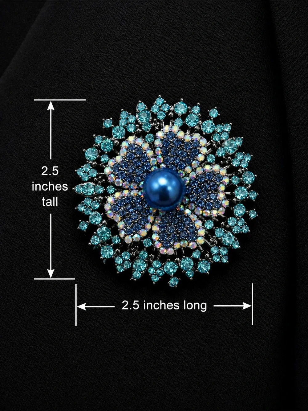 Large Blue Crystal Floral Brooch with faux Pearl Center